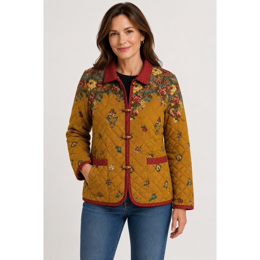 Carole Little Petites Vintage Quilted Floral Toggle Jacket Mustard Yellow L